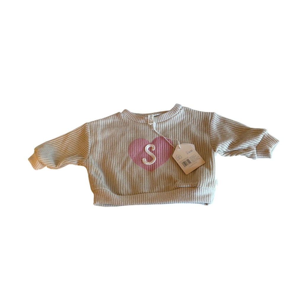 Snug Sweater Beige Initial Sweater Heart Letter S Ribbed Knit Pullover 3-6M